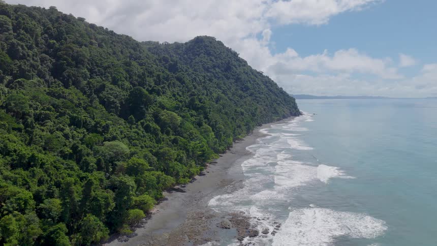 Dense vegetation covering coastal mountains facing blue sea and partly cloudy sky
