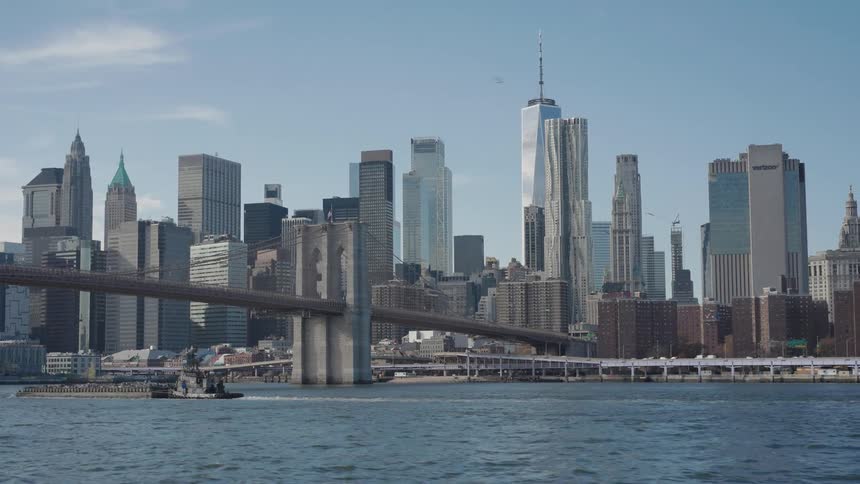 Metropolitan city along the coast as traffic moves on the street and a boat travels under a bridge with seagulls flying overhead