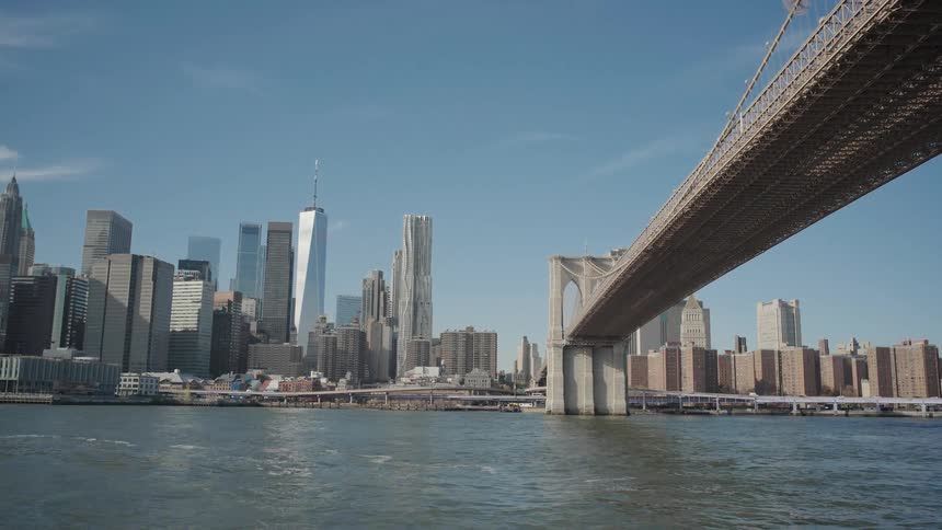 Urban skyline with skyscrapers and a suspension bridge viewed from a river