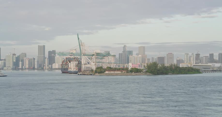 A large container ship docked at a port with towering gantry cranes and the dense downtown skyline visible across the water on a slightly overcast day while a small white boat passes in the foreground