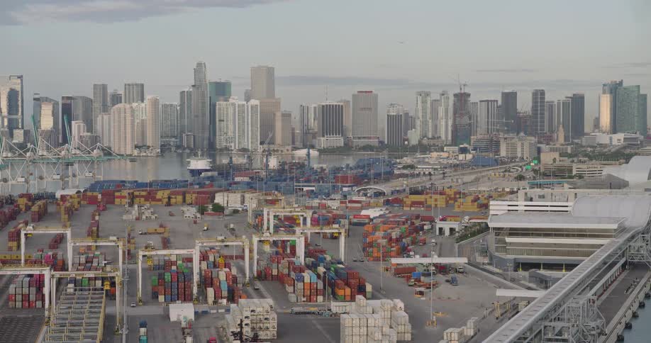 A busy commercial seaport filled with rows of stacked shipping containers and industrial cranes sits adjacent to the sprawling waterfront of a prominent metropolitan downtown