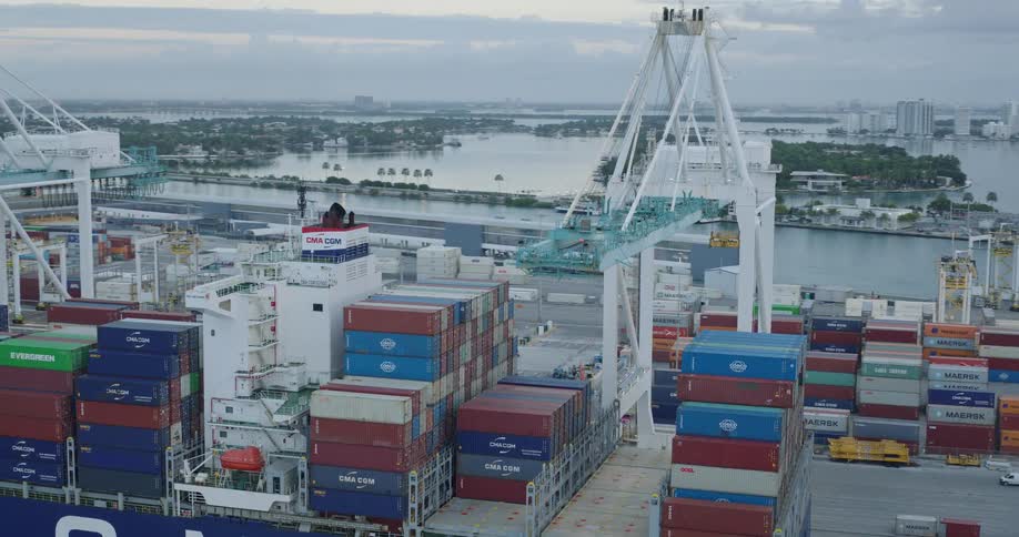 Container ship docked at a port terminal with tall cranes and stacked containers in front of a coastal urban area
