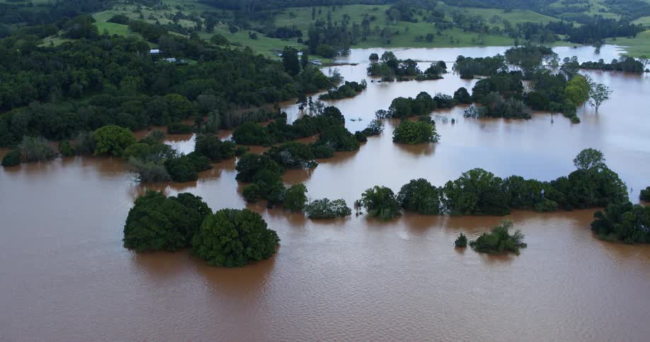 Aerial view of a rural landscape with trees partially submerged in floodwaters