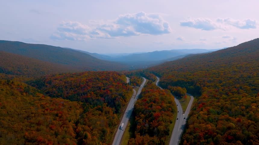 A freeway runs through a forest covered in autumn trees at midday