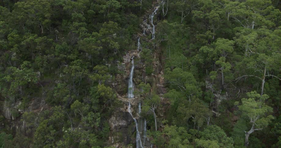 Multitiered waterfall over dark rocks surrounded by dense forest