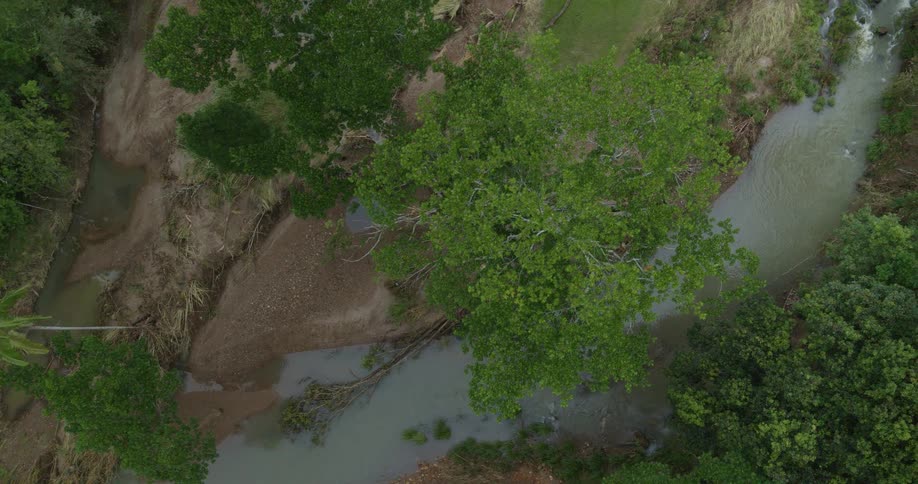 A topdown aerial shot shows a small murky river flowing through dense tropical foliage the riverbanks exhibit heavy erosion with exposed brown earth and downed trees indicating recent flooding or storm damage