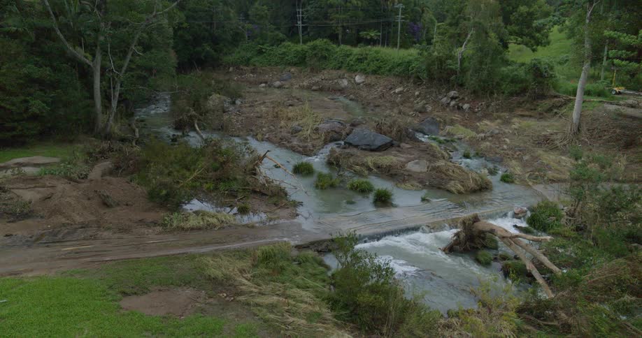 An aerial view of a river running through a forest