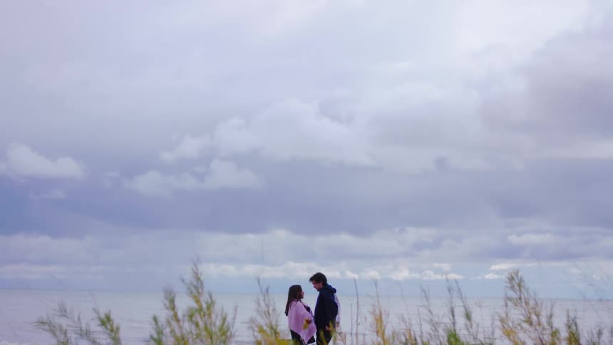 A romantic couple embraces on the shoreline under a cloudy sky
