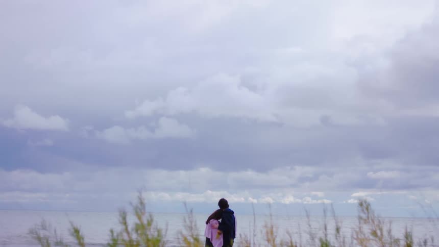 Couple seen from behind watching the sea under a cloudy sky with vegetation in the foreground