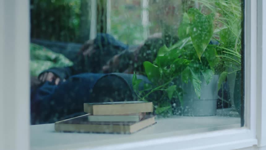 Couple lying on a couch seen through a window with plants and books on the sill