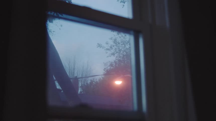 Through a window pane a glowing orange streetlamp illuminates the blue twilight air while dark tree branches stand quietly in the background