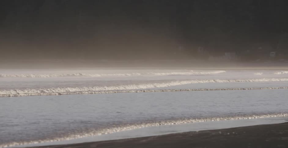 Ocean waves wash ashore a sandy beach