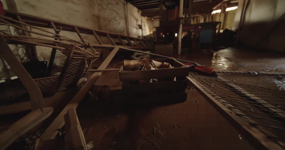 Storage facility with a dirty floor contains a ladder and other items during the daytime