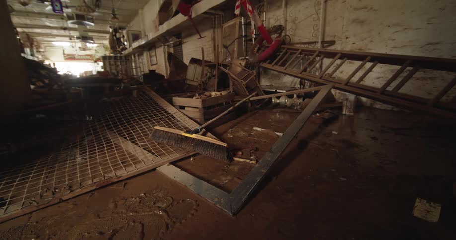 Damaged building interior with mud debris and fallen metal structures on the floor