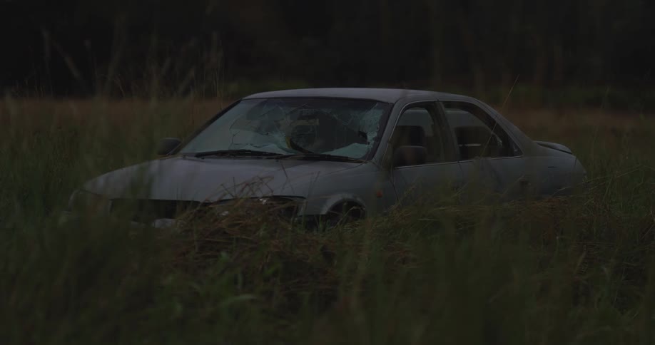 A medium close view of a damaged gray sedan with a broken windshield abandoned in a dark overgrown field with tall dry grass