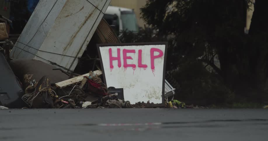 A sign with the word help painted in bright pink stands amidst a large pile of debris and discarded household items by a road as several vehicles quickly drive past