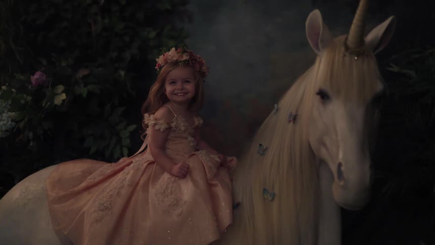 Child wearing flower crown sits atop white unicorn in setting with foliage and painted sky