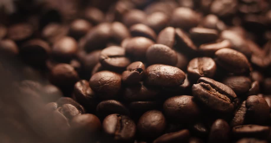 Whole roasted coffee beans fill a transparent box