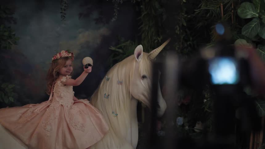 Girl wearing a light dress holding a round object while riding a decorative unicorn in a styled studio