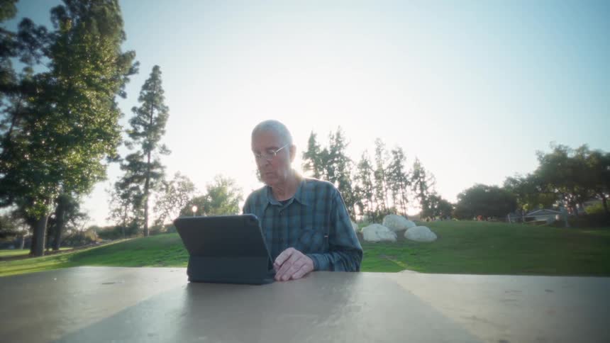 Elderly man wearing glasses and a plaid shirt sitting down using a tablet over a table on a park outdoors during dusk or dawn