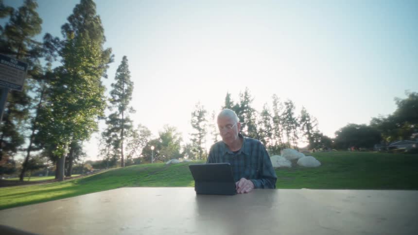 The man uses his tablet in the park on a sunny day