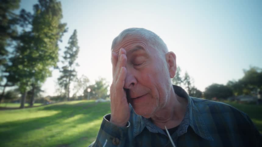 An elderly man wearing glasses types on a keyboard at midday while sitting on a public bench in a park