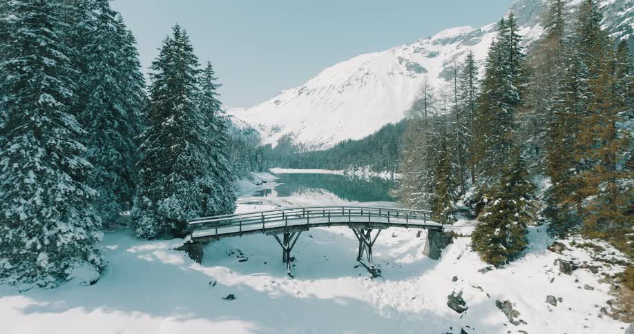 A bridge spans a stream in a snowy forest with a mountain range in the background at midday