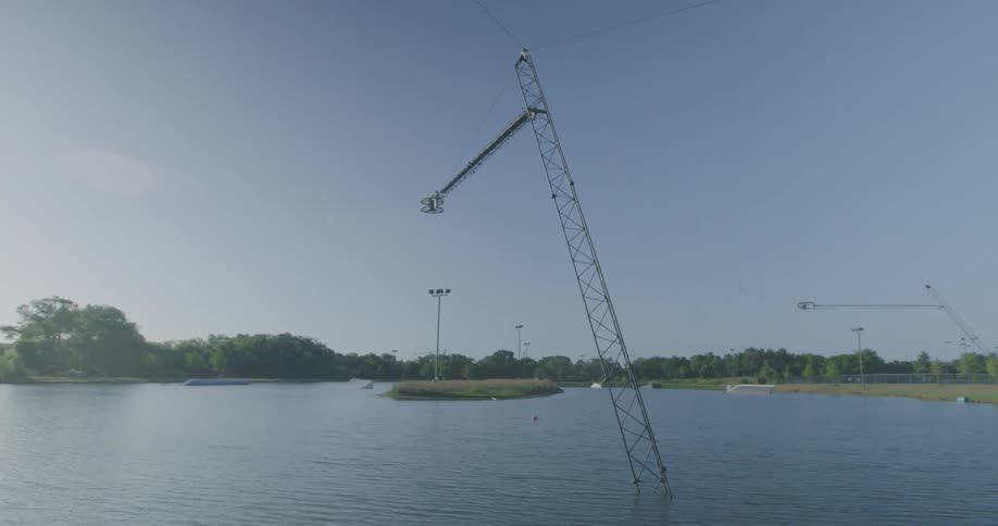 A view of some cranes over water