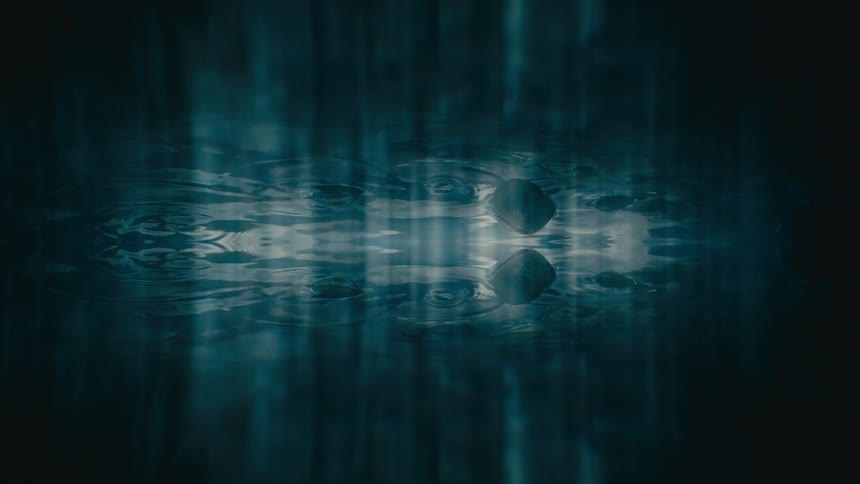 A mesmerizing mirrored display of dark blue water ripples and floating silhouettes undulates softly before dissolving into a rapid vertical blur of abstract motion