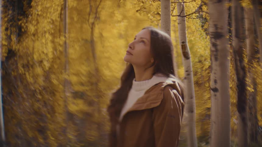 A woman stands among slender birch trees in a golden autumn forest gazing upward with a serene expression as warm sunlight filters through swirling yellow leaves