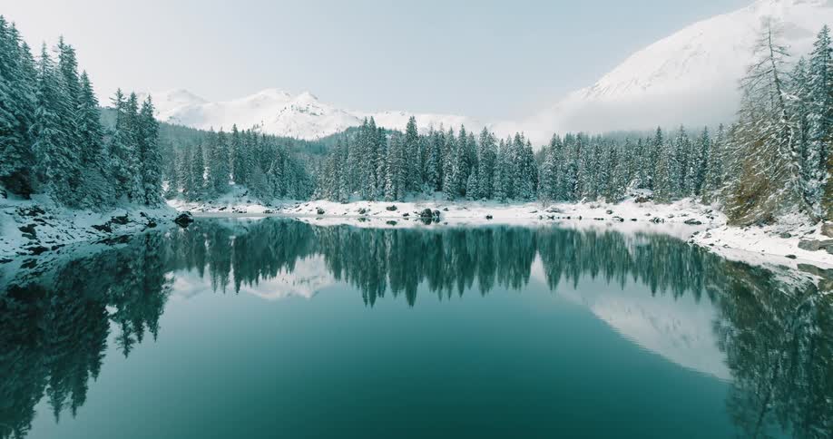A remote lake is surrounded by an evergreen forest and snowcovered mountains