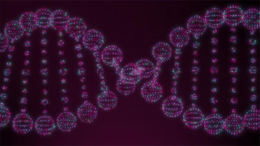 Dna structure composed of glowing dots in pink and blue tones