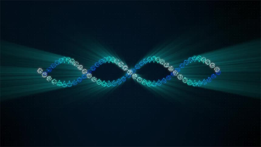 A stylized double helix composed of glittering blue and white particles rotates steadily in a dark void radiating beams of energetic cyan light into the surrounding space