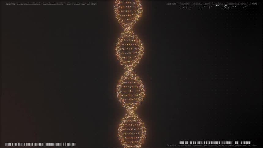 A glowing golden dna double helix formed from glittering particles rotates and tumbles fluidly in threedimensional space framed by technical data overlays and a subtle digital grid