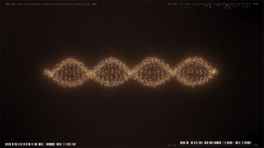 Golden yellow light particles dissolve from a stream into the shape of a rotating glowing dna double helix structure on a dark background