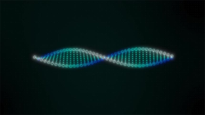 A luminous digital dna double helix model made of many glowing blue and white dots rotates on a dark background