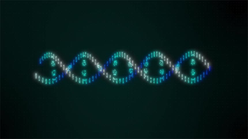 A glowing dna double helix made of tiny blue teal and white light points floats against a dark background forming a sleek rhythmic pattern that evokes molecular structure and advanced biotechnology