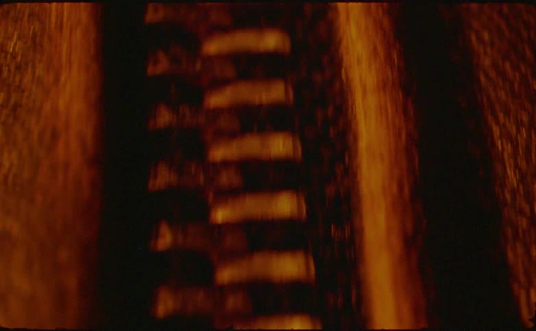 An extreme closeup traverses the vertical track of a metallic zipper keeping the interlocking golden teeth in focus while the surrounding details melt into a warm blurred darkness