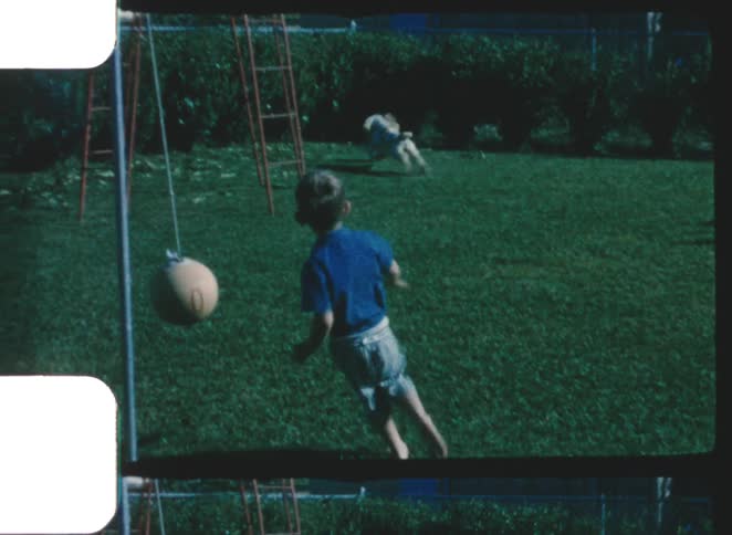 Boy runs in the backyard while a dog chases a ball on a summer day