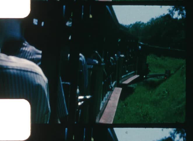 A group of people rides an open train through a public park at midday sunlight illuminating the greenery as the train moves along its path