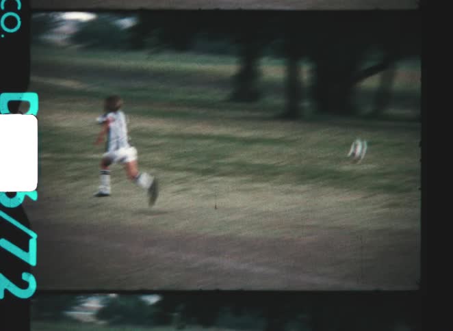 Young soccer players play on a field in the park on a summer day