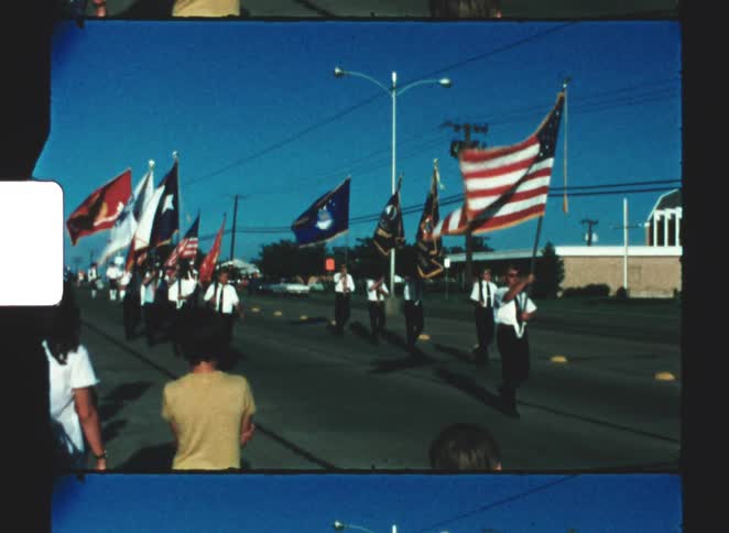 Parade with various flags marches down avenue under clear sky with spectators on sidewalks