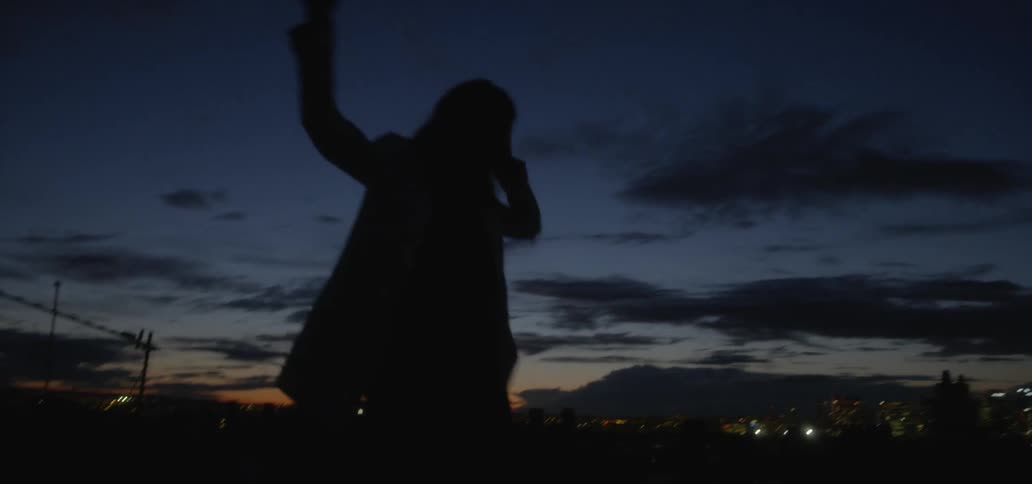 A woman balances on a ledge while walking outside at dusk