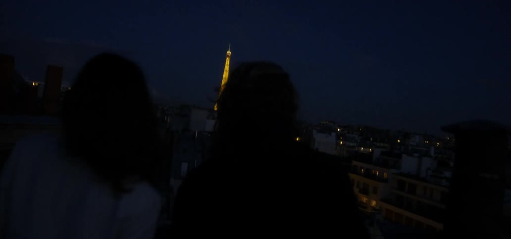A man and woman look out towards the eiffel tower at night