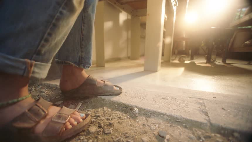 Person lifts a studio door by holding the lower edge while standing on the outdoor ground