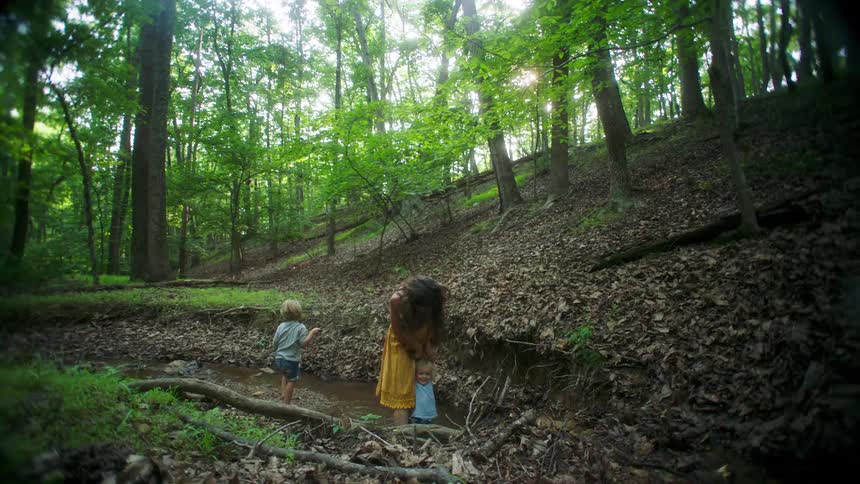 Young adult woman holding a female toddler learning to walk while a male child plays on the background on a forest area outdoors during day time