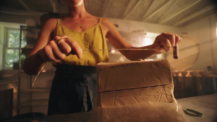Young adult woman cutting a piece of clay with a string over a table indoors during dusk or dawn