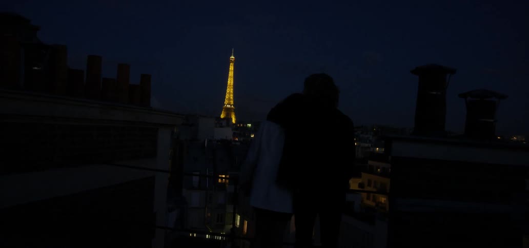 A man and woman overlook paris and the eiffel tower at night