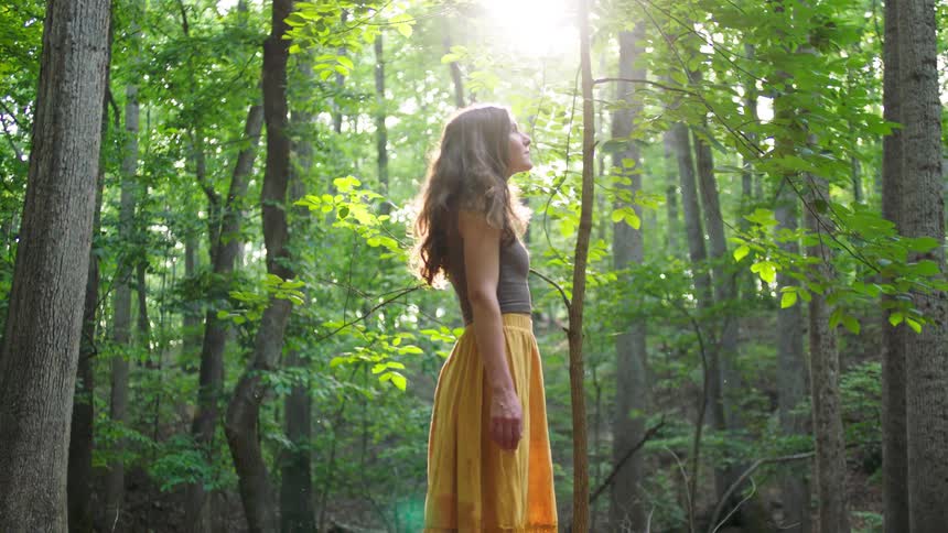 Woman stands in a forest looking upward as sunlight filters through the trees