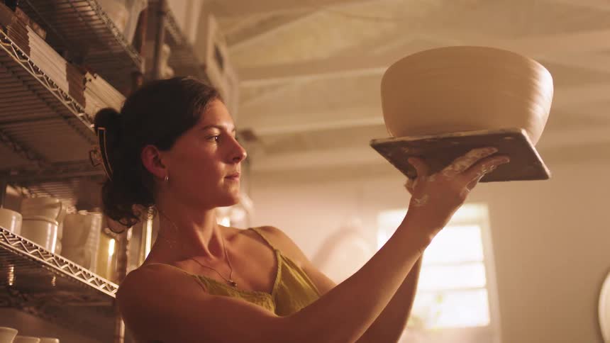 In a sundrenched studio a female potter lifts a large clay bowl resting on a wooden bat carefully examining its shape and craftsmanship under the soft ambient light